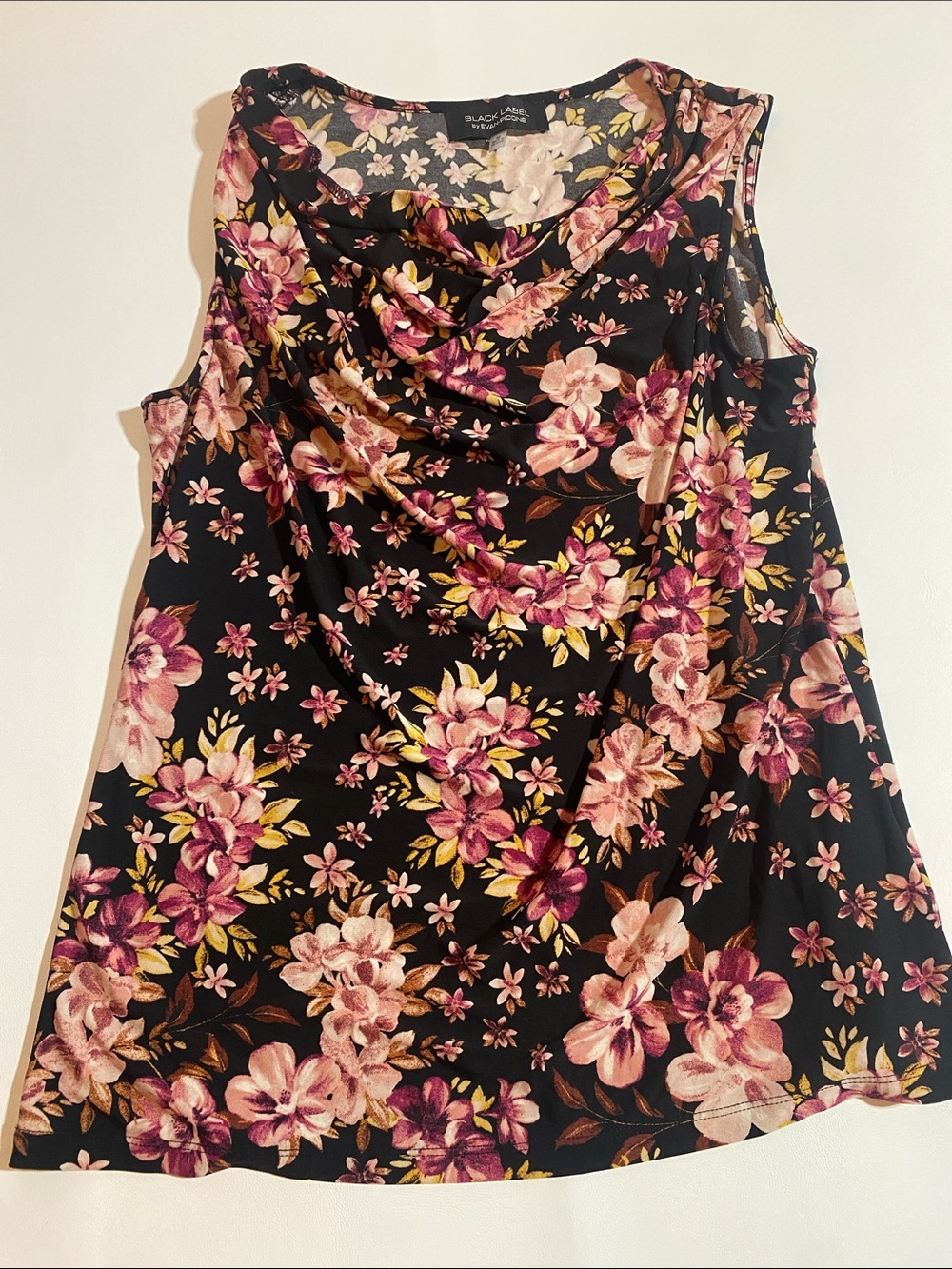Evan Picone Black Floral Cowl Neck Sleeveless Top